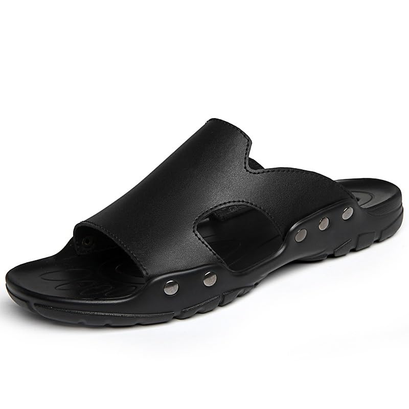 Mens Slide Sandals Simple Open Toe Leather Rivets Closure Beach Sandal Water Resistant Summer Slide Sandal