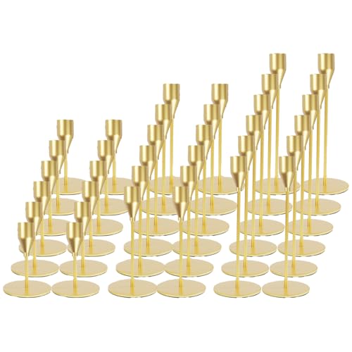 Matte Gold Candle Holders Bulk Set of 36, Painted Metal Candlesticks Fit 0.8 Inch Taper Candles, Decorative Candelabra for Wedding Home Holiday Anniversary Party Dining Table Decor