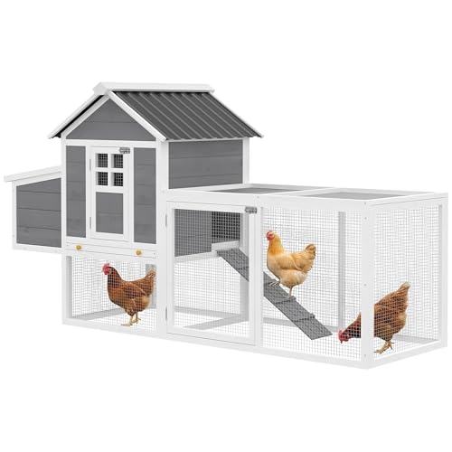 Image of PawHut 82 inch Wooden Chicken Coop, Large Outdoor Hen House Poultry Hutch for 2-3 Hens, Chicken House with Nesting Box, Pull-on Tray, Waterproof Roof, Ramp and Roosting Bars for Backyard, Gray