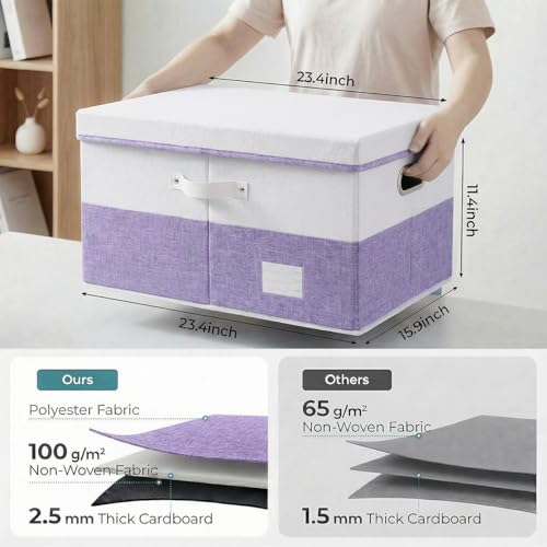 Image of PRANDOM Storage Bins with Lids [3-Pack] Linen Fabric Foldable Storage Boxes Organizer Containers Baskets Cube with Cover for Bedroom Closet Office White&Purple (23.4X15.9X11.4)