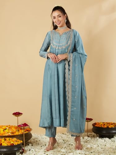 Image of MOKOSH Women's Silk Embroidery Anarkali Kurta Pant with Dupatta | Women's Anarkali Kurta Set | 3 Piece Ethnic Outfit with Dupatta | Round Neck Full Sleeve