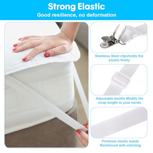 6 Piezas Sujetadores para Sábanas, Sujetadores de Hojas, Ajustables Elásticos Correas Cama Clips para Sábanas o Sofás, Blanco (Extender 55-250 cm)