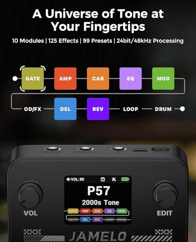 Image of JAMELO Pocket Guitar Multi Effects Pedal, with 125 Effects, 99 Presets, 30 Amp Modeling, IR Loaders, Looper 100 Drum Rhythms BT Audio USB OTG Support Rechargeable Guitar Effects Processor (Black)