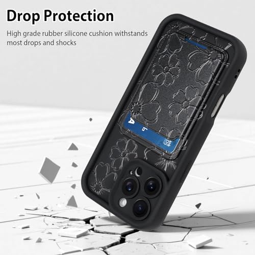 tharlet Compatible with iPhone 16 Pro Max Wallet Case with Card Holder, Cute Floral Flower Pattern Soft TPU Anti Scratch Protective, Shockproof Wallet Case for iPhone 16 Pro Max, Black by tharlet - Image 3