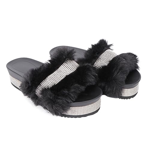Stylish Thick Sole Rhinestone Slippers for Women Warm Plush Home Footwear Breathable and Moisture-absorbing Design for Winter Indoor Use
