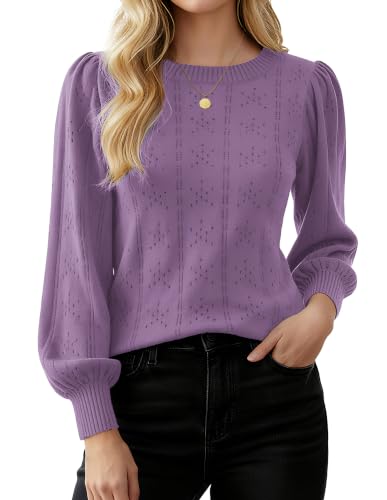 Image of GRACE KARIN Fall Sweaters for Women 2026 Puff Long Sleeve Crewneck Dressy Casual Tops Crochet Hollow Out Cute Pullover Blouse