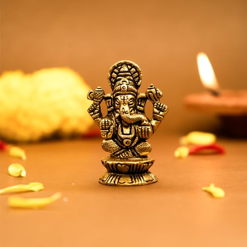 Image of Ekhasa 100% Pure Brass Ganesha Idol (Size: 5.5 cm) | Pital Ganesh Murti for Pooja Room, Home Decor, Office Desk and Car Dashboard | Vinayagar Statue for Diwali Puja