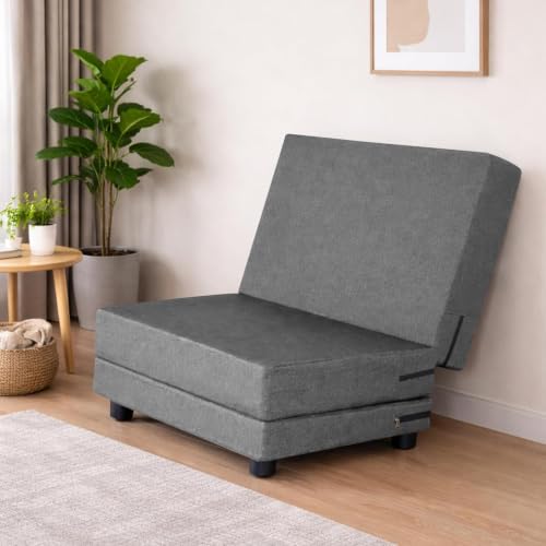 Image of Leg Sofa Cum Bed Single Seater | Foldable Floor Sofa Bed with Jute Fabric | Space Saving Convertible with Sturdy Legs for Living Room & Guest Room - Grey
