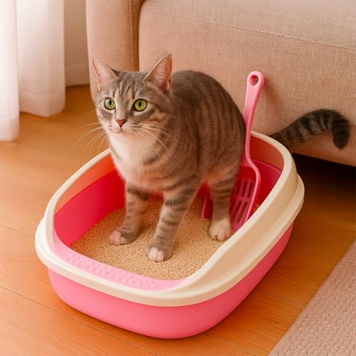 Image of PETS EMPIRE Cat Litter Box Tray with Free Scooper - Semi-Closed Design, Durable Quality, Suitable for All Adult Cats & Kittens, Pink