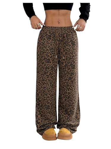 Floerns Women's Y2k Leopard Print Pants Drawstring Waist Wide Leg Loose Trousers