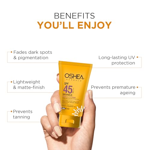 Image of Oshea Herbals UVShield Mattifying Gel Sunscreen SPF 45 PA+++ for Men & Women | Non-Greasy & Water-Resistant with UVA & UVB Protection | Enriched with Chamomile Extract - 60g