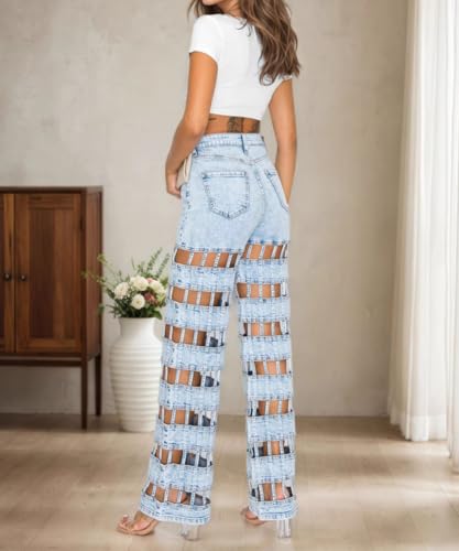 Women's High Waisted Stretch Y2k Jeans Trendy Washed Ripped Cutout Straight Leg Denim Pants3