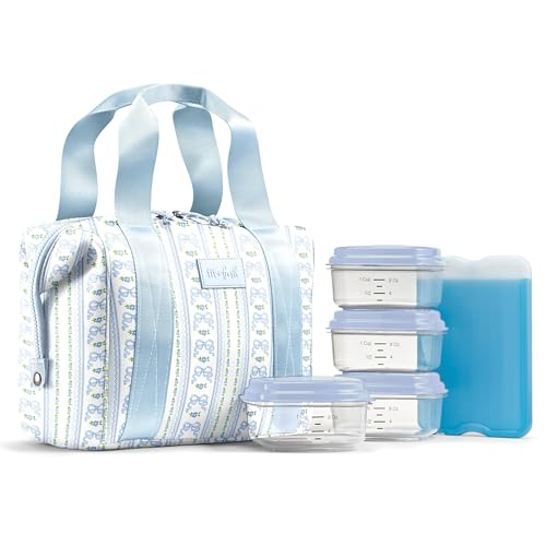 Fit & Fresh Neoprene Lunch Bag For Women, Insulated Womens Lunch Bag For Work, Tear & Stain Resistant Large Lunch Box For Women With Containers and Ice, Machine Washable Remi Bag, Blue Wallpaper Bows