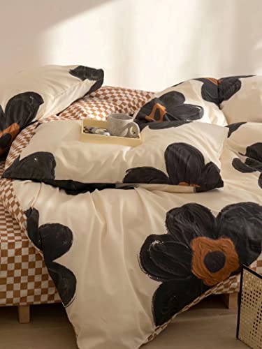 Houseri Black And White Floral Comforter Set Queen Beige 3D Floral Comforter Bedding Sets Queen For Women Teen Girls Kawaii Flowers Comforter Queen Size Cute Black Brown Plaid Bedding Set Quilt Queen #TOP2