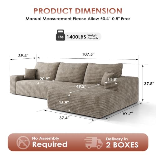 Image of Boneless Couch, Modular Sectional Couches for Living Room, U-Shaped Cloud Couch Sofa with Deep Seat, Fluffy Corduroy Upholstered Corner Sofa