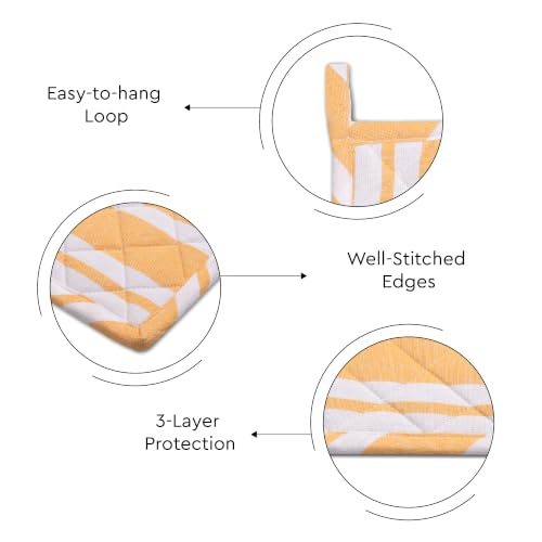 Image of Encasa XO Oven Microwave Pot Holders Trivets 21 cm (2 pc) for Kitchen Cooking & Baking - Heat Resistant, Thick & Safe, Protection of Hands from Hot Utensils, Grill, BBQ - Franca Yellow Stripes