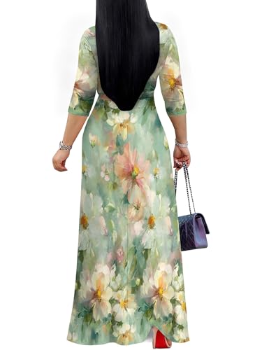 Image of Plus Size Dresses for Women Floral Print Maxi Dress Flowy 3 /4 Sleeve with Belt