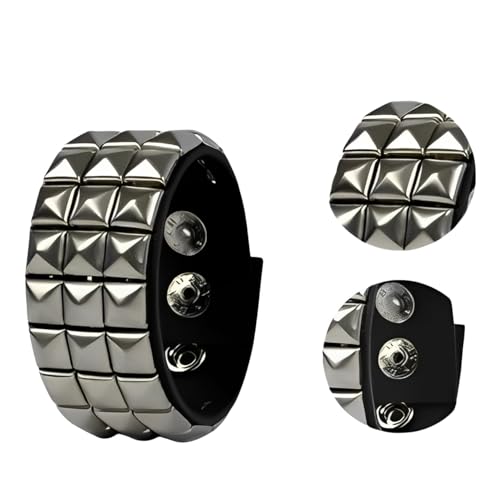 Pulseira Bracelete Spike Prata 3 Fileiras Pir&acirc;mides Couro Sintetico Punk Rock Emo Gotico