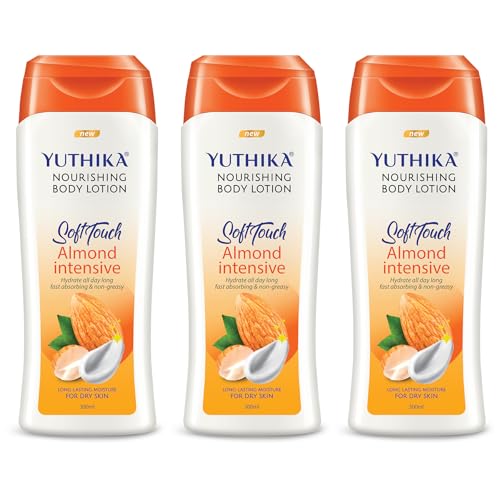 Image of Yuthika Soft Touch Almond Intensive Nourishing Body Lotion for Dry Skin, All-Day Hydration, Fast Absorbing & Non-Greasy, Long-Lasting Moisture, 300ml (Pack of 3)