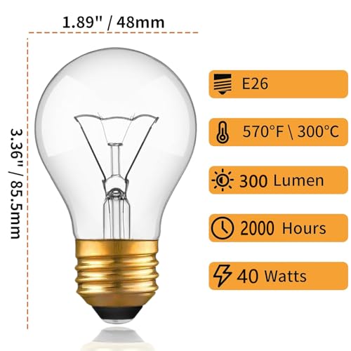 Appliance Oven Light Bulb, High Temp 300 °C Resistant,(2 Pack) A15/E26/120V/40 Watt Appliance Replacement Bulb for Refrigerator Over Stove Microwave Range Hood,Warm White