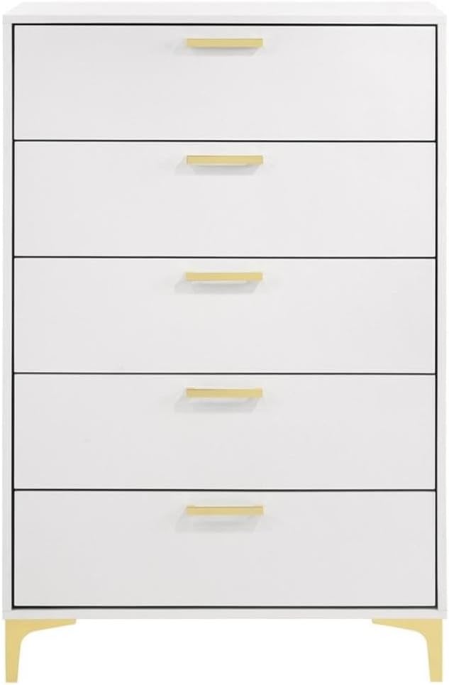 Pemberly Row Contemporary 5-Drawer Wood Chest, White Finish, Gold Metal Base, 49.75" H x 31.5" W x 15.75" D, Modern Bedroom Storage Furniture, Sturdy Design, Elegant Style