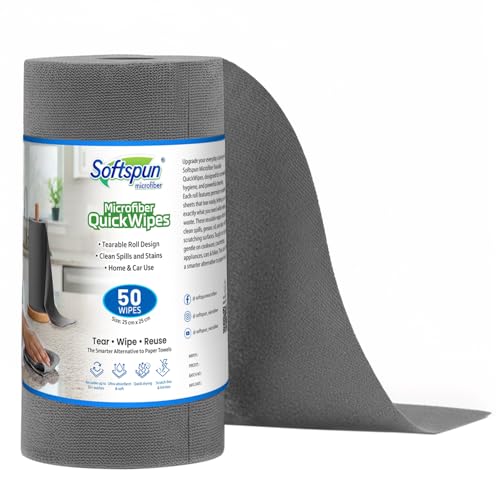Image of SOFTSPUN Microfiber Cleaning Roll -50 Quick Wipes, 10X Cheaper Than Paper Kitchen Roll Reusable & Lint-Free Cloth for Kitchen, Glass & Home Cleaning | 25x25 cm (Grey)