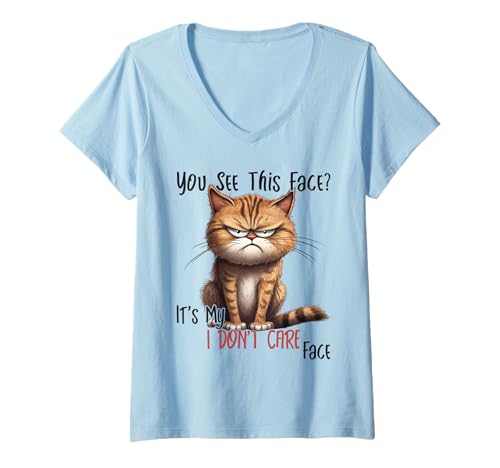 Womens Funny Cat with Cheeky Saying Mir Egal Gesicht V-Neck T-Shirt
