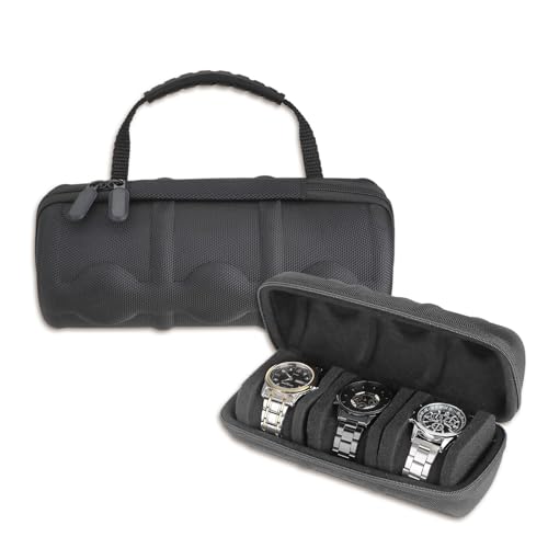 JUMRHFAN Estuche de viaje rígido con 3 compartimentos, organizador de relojes con cremallera para hombres y mujeres, con cojín antimovimiento (negro)