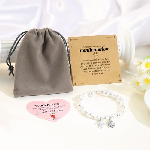 Image of BAYLAY First Communion Baptism Confirmation Gifts for Kids Girls - Cross Bracelet for Girls Pearl Bracelet First Communion Baptism Confirmation Bracelet