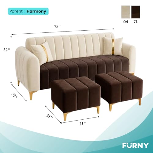 Image of FURNY Harmony 5 Seater L Shape Sofa Set with 2 Movable Ottoman & Golden Legs | Flexible Left or Right Layout | Plush Velvet Fabric (Dark Brown-Cream) | Perfect for Living Room, Guest Room & Office