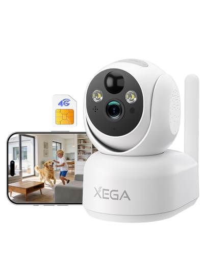 Xega 4G LTE Camera Surveillance Interieure sans Fil avec Carte Sim, 2K Caméra sans WiFi pour Bébé/Animaux, 7800mAh Batteries, PTZ Camera Vision Nocturne, PIR...