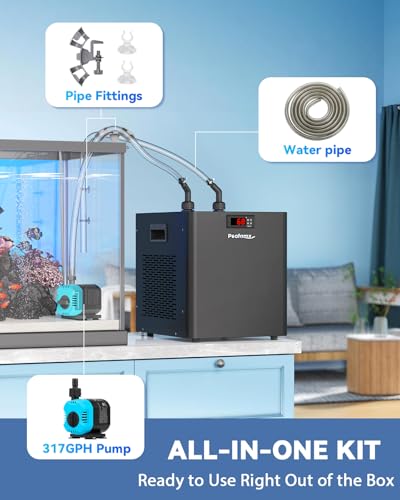 Image of Poafamx 1 /3 HP Aquarium Chiller, Quiet Fish Tank Water Chiller 40-80 Gal | Energy-Saving Aquarium Cooler with Pump & Tubing for Large Saltwater Freshwater Axolotl Coral Reef Hydroponic Systems