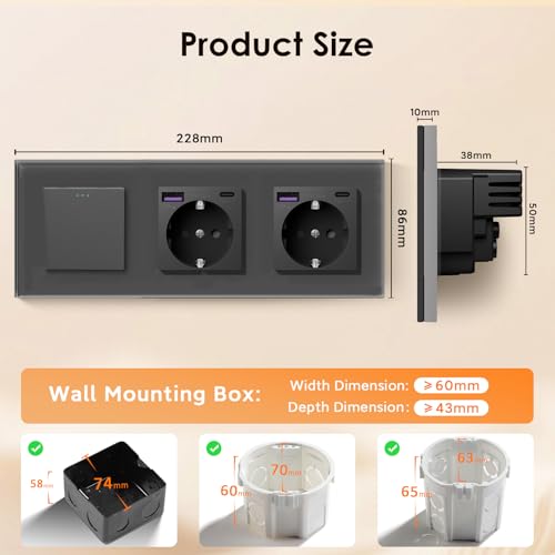 BSEED Lichtschalter mit Steckdose, Doppel Schuko Unterputz Steckdose mit USB C 20W Schnellladegerät USB Type C, 1 Fach 2 Weg Taste Schalter, Wandschalter mit Glas Rahmen Geeignet für Phone, Pad-Grau