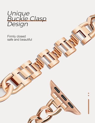 Image of JR.DM Rose Gold Watch Bands for Women Compatible with Apple Watch 38mm 40mm 41mm 42mm(S10 /11) Adjustable Metal Cowboy Steel Single Chain Bracelet for iWatch Series 11 /10 /9 /8 /7 /6 /5 /4 SE 3 /2 /1(No Case)