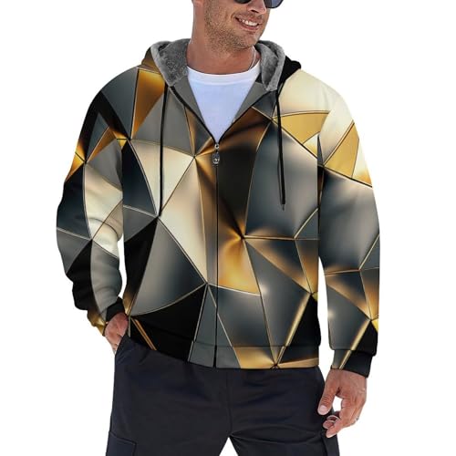 Sweat à capuche zippé en polaire pour homme avec imprimé géométrique doré et poches