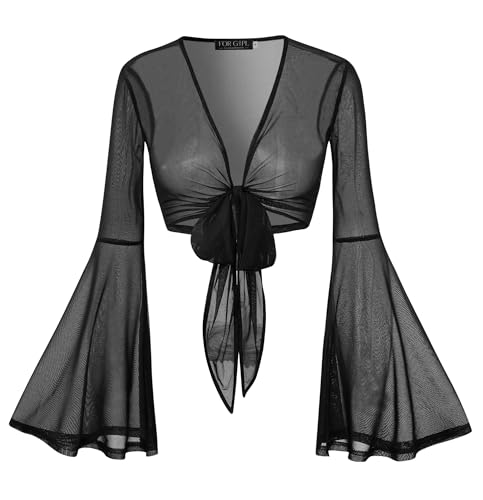 Image of Women Tie Front Bell Sleeve Rave Crop Tops Floral Print Hippie Mesh Sheer Shirt
