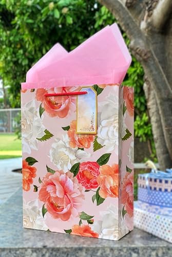 Flora Paperbags – Medium Gift Paper Bags 12x9x3.5 | Pack of 10|Christmas Paper bags with Tissue & Tags | Floral Combo Carry Bags for Return Gifts, Wedding, Birthday, Party Favors Diwali Christmas