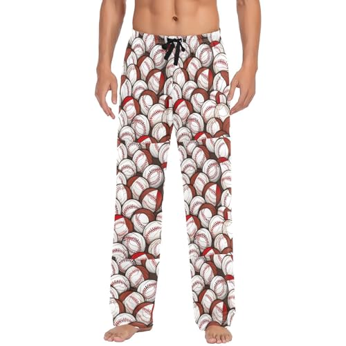Men's Baseball Balls Pattern Pajama Pants with Pockets - Straight Fit Cotton Sleep Bottoms for Lounge & Nightwear#342