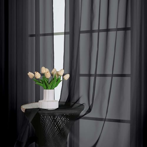 Image of OWENIE Sheer Curtains 84 Inches Long 2 Panels Set, Black Sheer Curtain for Living Room Bedroom, Modern Filmy Rod Pocket Curtains Drapes, 2 Pcs, Each 59 W x 84L, Black