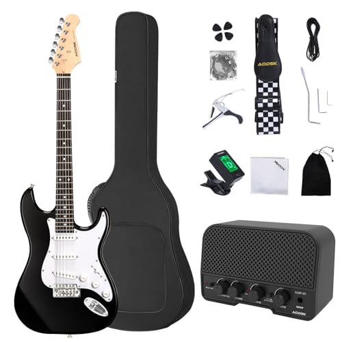 AODSK Electric Guitar with Amp Beginner Kit 39 Inch Solid Body Full Size,All Accessories,Digital Tuner,Six Strings,Four Picks,Tremolo Bar,Strap,Gig Bag,Starter kit (Black-SSS)