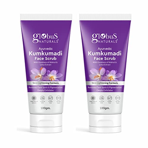 Image of Globus Naturals Ayurvedic Kumkumadi Skin Lightening Face Scrub, Enriched with Walnut & Lotus Extract, Chemical Free, Cruelty Free, Suitable For All Skin Types, 100 ml, Pack Of 2