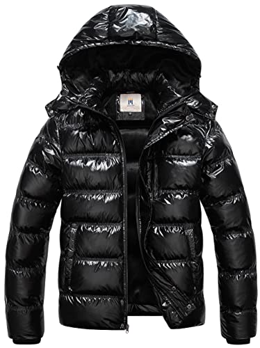 CREATMO US Men's Quilted Puffer Jacket, Shiny Black, Winter Snow Coat with Hooded Parka, Waterproof,...