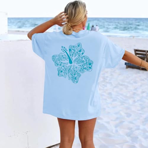 Image of Hawaiian T Shirts for Women Oversized Aesthetic Hibiscus Flower Beach Shirt Teens Preppy Tropical Graphic Tee Tops