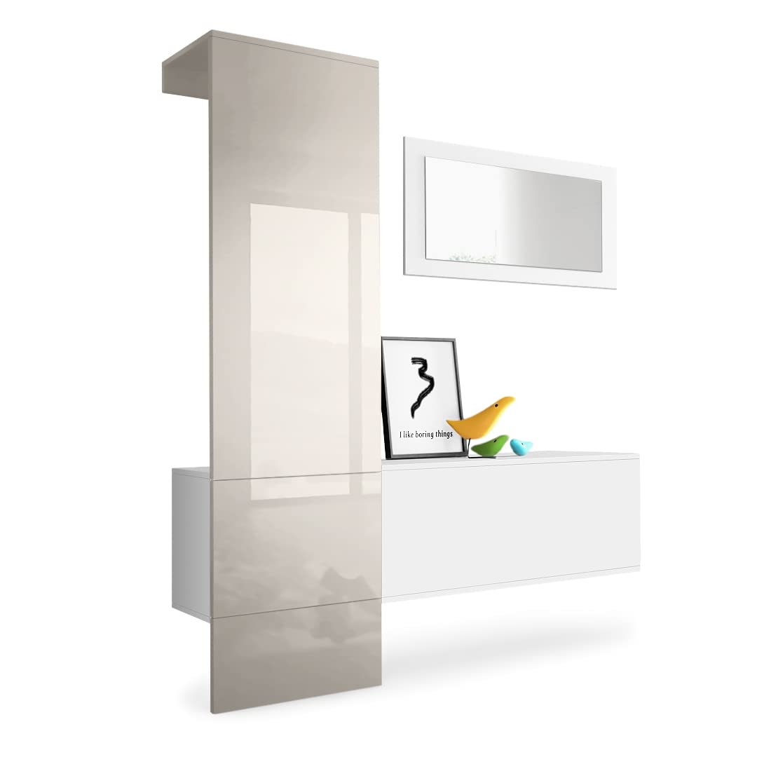 Vladon Mueble recibidor Carlton Set 4, Mueble de Entrada Compuesto por 1 Perchero, 1 Zapatero y 1 Espejo de Pared, Blanco Mate/Gris Arena de Alto Brillo (156 x 193 x 35 cm)