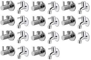Spazio Stainless Steel Turbo Angle Valve With Bib Cock Combo Pack Foam Flow Water Taps With Wall Flange (Pack of 11) (Chrome Plated, Brass Disc)