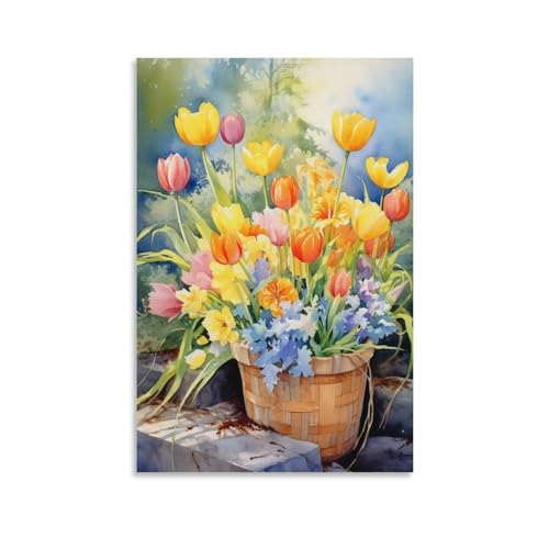 Toile murale abstraite tulipes dans un salon cosy style ferme 60x90