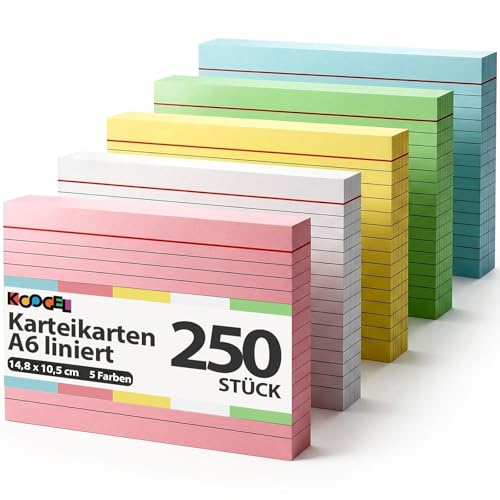 Koogel Karteikarten A6 liniert, 250 Stück in 5 Farben...