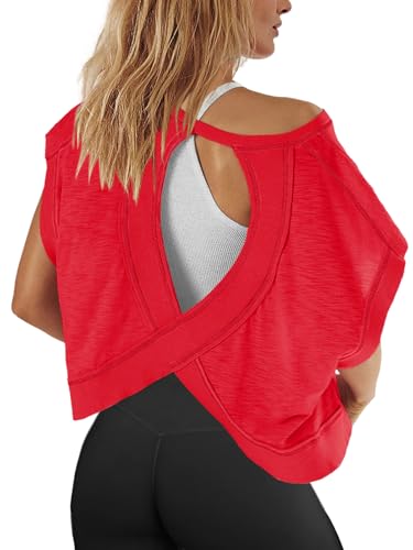 Panadila Womens Oversized Tshirts Open Back Workout Top Athletic Shirts Short Sleeve Crop Tops Gym Yoga Tee (Red M)