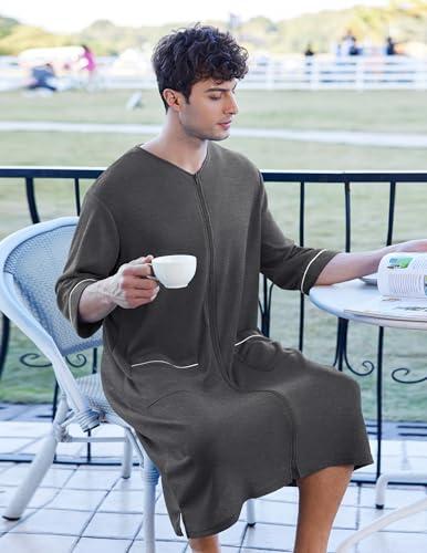 Image of Ekouaer Mens Robes Lightweight Zipper House Coat Short Bathrobes Soft Sleepwear with Pockets S-3XL