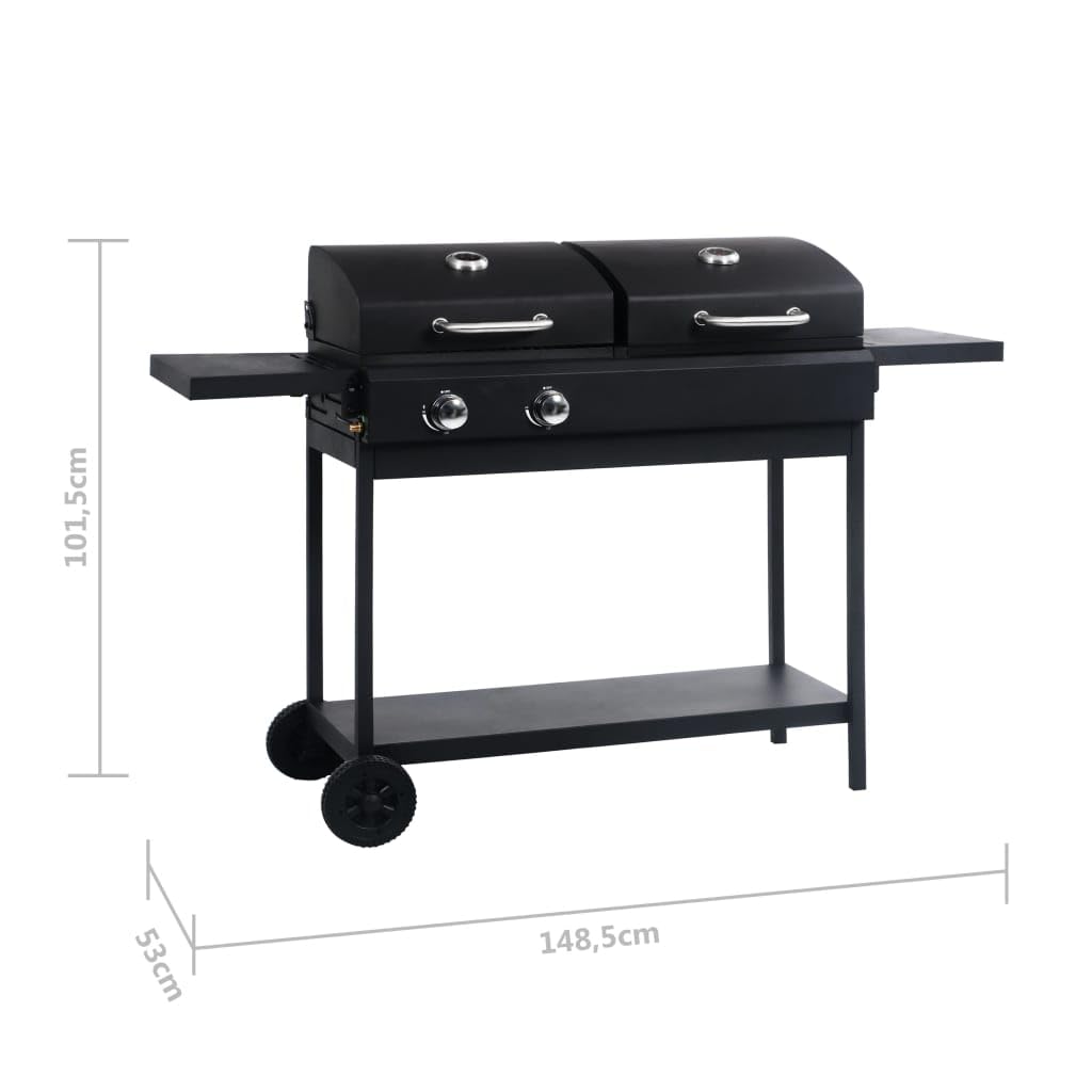 Barbacoa de gas y carbón vegetal con 2 quemadores, acero con recubrimiento en polvo, 148,5 x 53 x 101,5 cm, estantes plegables, termómetro, portátil, para balcón, terraza, camping, bajo